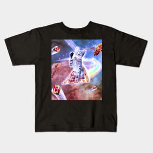 Laser Eyes Space Cat Riding Rainbow Pizza Kids T-Shirt